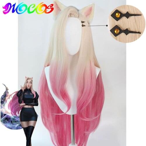 DIOCOS LOL KDA Baddest Ahri Cosplay Wig with Ears Heat Resistant Synthetic Hair Blonde Mixed Pink