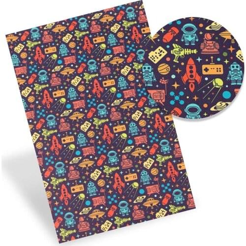 Faux Leather Sheet Robots Spacecrafts Printed Synthetic Leather Fabric Handmade DIY Hairbows Bags Belt Crafts 22*30cm/pc IBOWS