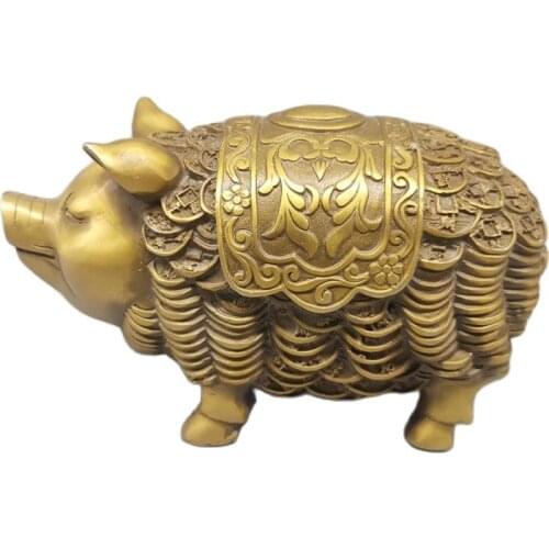 Chinas early collection of antique brass money pig, to attract wealth, family decorations