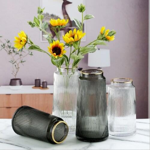 Luxury Vintage Striped Glass Vase Gold Line Flower Arrangement Home Living Room Transparent Tabletop Bottles Home Party Decor