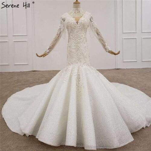 Serene Hill Luxury White Long Sleeves Dubai Wedding Dress 2020 Mermaid Tassel Beading Bridal Gown Custom Made CHX0076