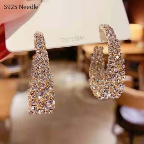 925 Sterling Silver Needle Hoop Earrings for Women Jewelry Clear Crystal Rhinstone Round Hoop Female Earrings