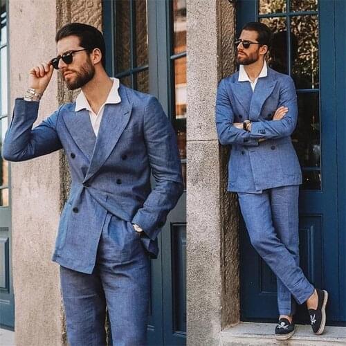 Blue 2-Pieces Oxford Casual Double Breasted Jacket Men Suits Custom Made Tuxedos Party Formal Business Peaked Lapel Blazers Coat