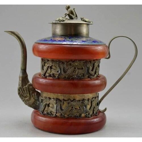 Old Tibet Silver Red Jade Carving Dragon Monkey Teapot Garden Decoration 100% real Tibetan Silver Brass