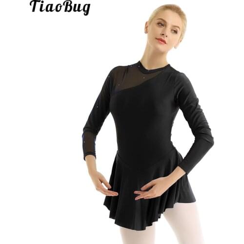 TiaoBug Women Adult Long Sleeve Neck Halter Backless Skating Dress Ballet Dance Gymnastics Leotard Dress