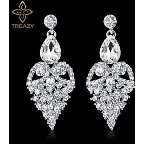 TREAZY Fashion Teardrop Heart Shape Crystal Wedding Earrings for Women Silver Color Bridal Drop Earrings Prom Wedding Jewelry