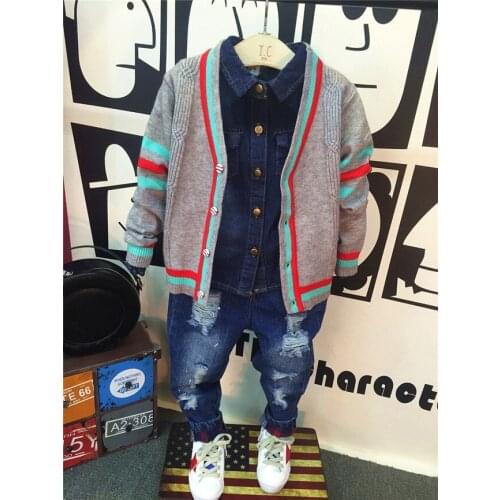 New Style Baby Boys Clothes Long SleeveKnit cardigans + cowboy shirt + jeans 3Pcs Infant Baby Clothing Suit Kids Set 2-6years