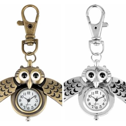 Vintage Bronze Cute Owl Keychains Pocket Watch Fob Chain Key Chains Flip Case Hour Clock for Men Women Animals Pocket Watches