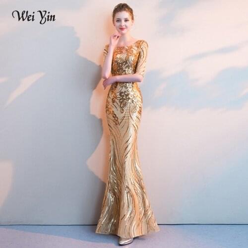 Weiyin 2021 Womens Elegant Mermaid Gold Sequins Dress Short Sleeve Mermaid Evening Dresses Party Long Prom Dress