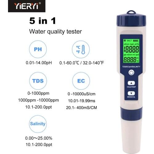 Yieryi Newest 5 in 1 TDS/EC/PH/Salinity/TEMP Water Quality Tester With Electrode Replaceable Can Measured Non-sea Salinity