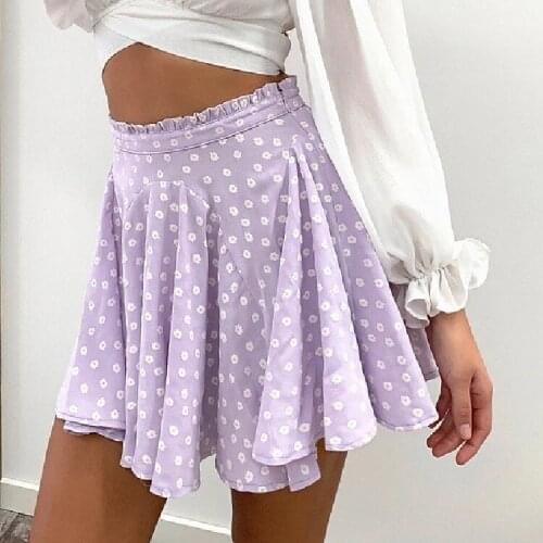 Casual High Waist Ruffle Pink Dot Women Skirt Purple Broken Streetwear Spring Summer Female Pleated Skirts Fashion 2021