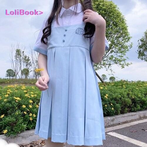 Lolibook Women Sets Panelled Single Breasted Short Sleeve Shirts Strap Button Print Pleated Dress Summer Preppy Girls Trendy