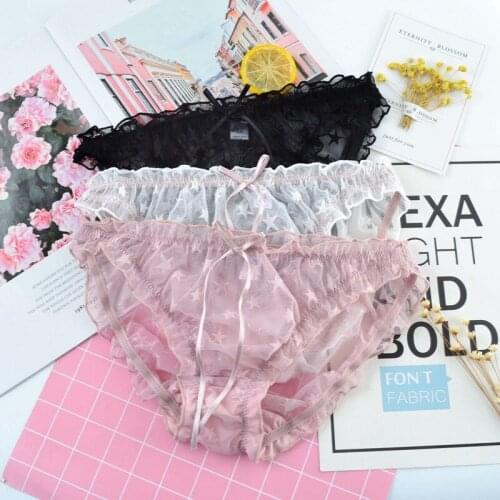 Summer Mesh Breathable Star Print Women Panties Hollow Transparent Sexy Low Waist Bow Female Underwear Ruffle Breifs Lingerie