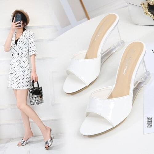 Women Slipper Sexy High-heeled Patent Leather Slippers Womens Shoes Sandals Transparent Wedge Slippers