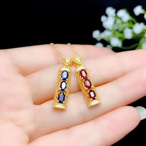 Delicate 3*5mm Natural Ruby or Sapphire Pendant for Women Party Gifts S925 Silver High Quality Hot Sale Gemstone Fine Jewelry