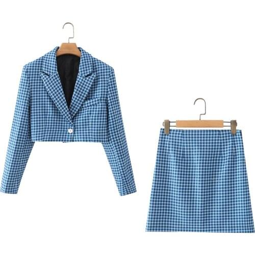 Spring and Autumn Womens Casual Plaid Single Button Pocket Decorative Jacket + High Waist Mini Skirt Set