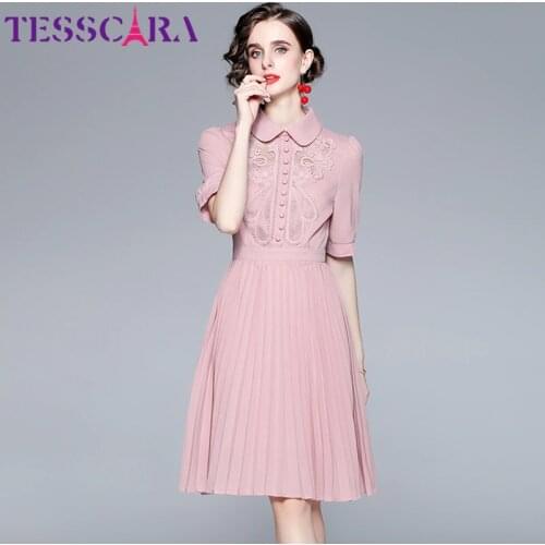 TESSCARA Women Summer Elegant Embroidery Dress Festa High Quality Pink Office Party Robe Femme Runway Designer Pleated Vestidos