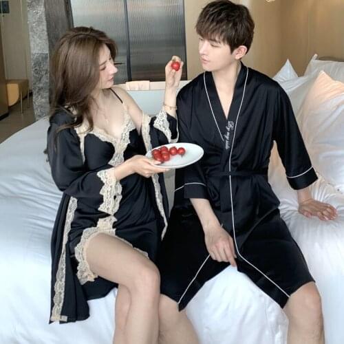 Sexy Bride Bridegroom Dressing Robe Bath Gown Sets Sling Nightgown Flare Sleeve Kimono 2PCS Rayon Men Pajamas Loose Home Dress