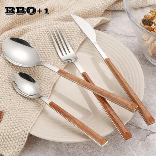 4pcs/set Creative Western Cutlery Imitation wood Dinnerware Stainless steel Tableware Dinner Knife Fork Teaspoon Christmas Gift