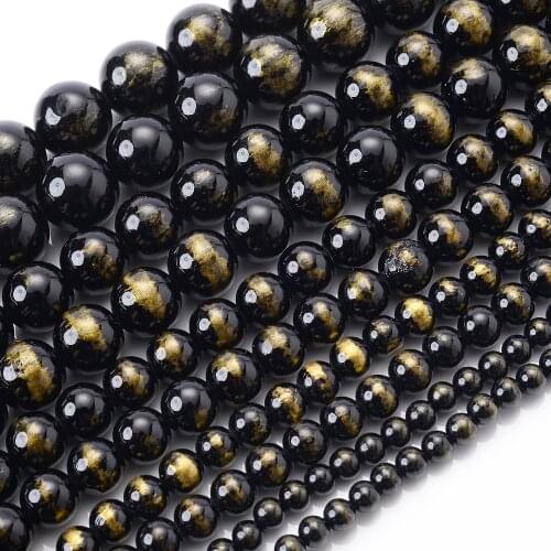 Natural Stone Beads Black Golden Jades Round Loose Bead for Jewelry Making DIY Bracelet Necklace Accessories 4/6/8/10/12mm