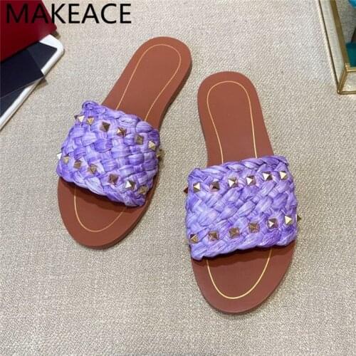 Summer Cane Braided Slippers Women Rivet Mules Flats Beach Shoes Woman Casual Comfort Slides Ladies Weave Womens Slippers 2021