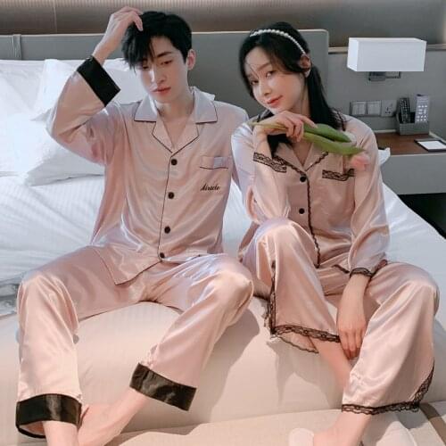 Kawaii Pajama Couple Snight Pijamas Pajamas for Teen Girls Pants Long Sleeve Silk Pajamas for Men Lace Edge Sleepwear Set Satin