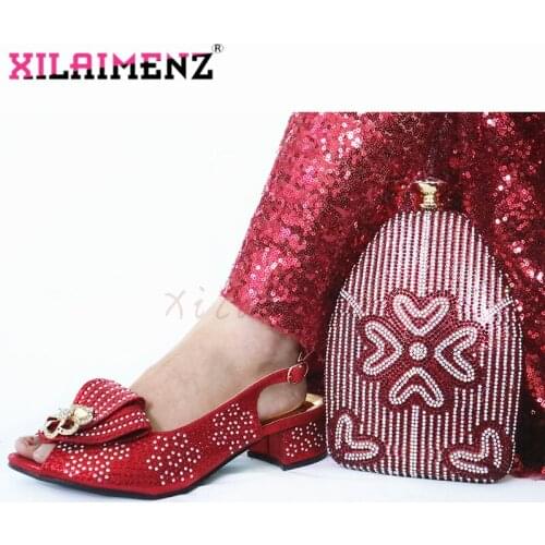 Red New Arrival African Sandals with Matching Bags Set Decorated with Crystal Women Shoes and Bag Set for Royal Wedding