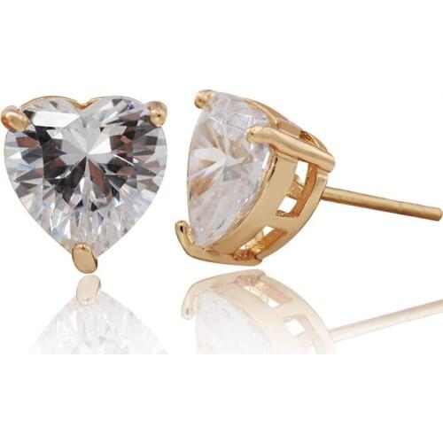 Wholesale Jewelry -- Single Heart CZ 9mm Stud Earrings for Women Gold Color 18 k AAA+ Cubic Zircon