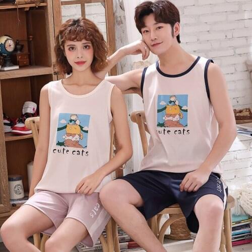 Letter&Cartoon Couples Lovers Vest Pants Pajamas Sleeveless Vest Pyjamas Boy Girl Undershirt Mans Womans Sleepwear 6535 Cotton