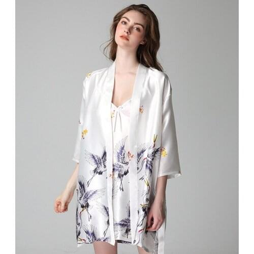 Lady’s Faux Silk Pajamas set Women Dressing Gown Summer Robe Red-crowned crane Pattern With Spaghetti Strap Sexy Homeweare