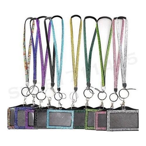 Bling Rhinestone Crystal Neck Lanyard Strap Custom Lanyard With Vertical PU ID Card Badge Holder