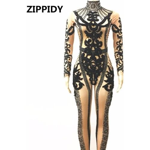 Sexy Sparkly Black Crystals Jumpsuit Prom Performance Outfit Party Celebrate Glisten Stones Costume Bodysuit Stage Wear Rompers