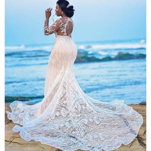 African Plus Size Wedding Dresses Mermaid Lace Sheer Neckliine Sexy Back Bridal Dress Gowns Beads Long Sleeves Arabic vestido de