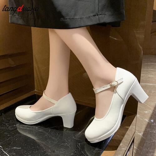 Block Heels Platform Shoes Women Pumps 2021 Black White Heels Mary Jane Shoes Ladies Wedding Shoes Bride Chunky Heels women