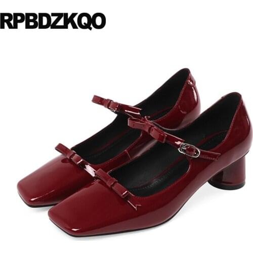 Trending Ladies Patent Leather Bow Mary Jane Pumps Medium Heels Wine Red High Party Shoes Small Size Low Chunky Strap Square Toe