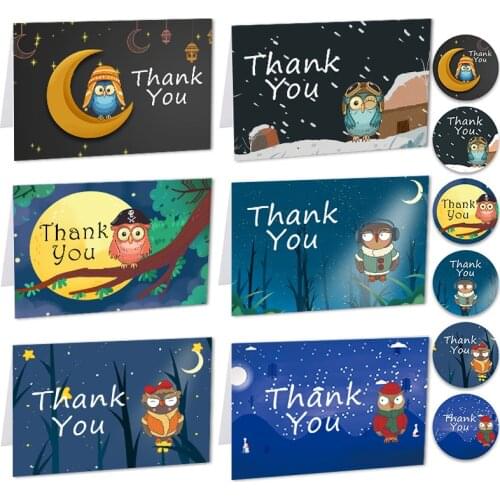 6sets Cartoon Owl Thank You Cards Creative Assorted Greeting Cards with Envelopes Stickers Blank Inside Folded Gift Postcard
