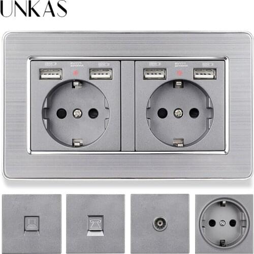 UNKAS Gray EU French Socket Dual USB Port + TV RJ11 Telephone RJ45 Internet Computer Jack 146mm * 86mm Stainless Steel Panel