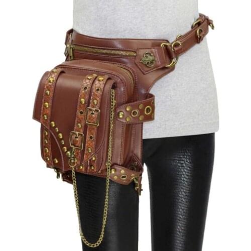 Vintage Rivet Brown PU Leather Steampunk Rock Bag Gothic Shoulder Messenger Bag Holster Waist Bags Corsets Outfits Accessories