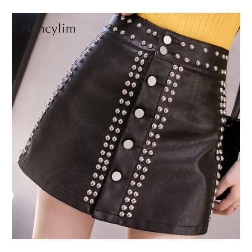 High Waist Pu Leather Skirt Women Autumn Winter Studded Rivet Mini Skirt Female Ladies Single-row A-line Jupe 2XL