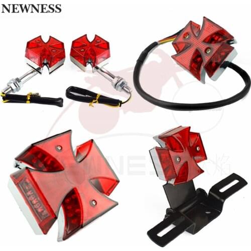 Red Retro Cross LED Taillight Brake Rear Fender License Plate Signal Stop Tail Light Mount Motorcycle Bike
