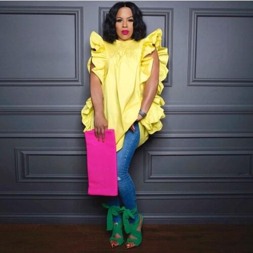 Yellow Cascading Ruffles A-line Long Tops for Women Mock Neck Sleeveless Loose Tops Novelty Fashion Birthday Party Club Tops