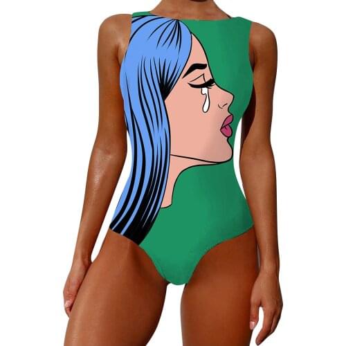 Womens Swimwear 2021 Sexy Swimsuit Graffiti Abstract Print Wide Strap Bathing Suit Bikini Swim One Piece Suit Bodysuit Monokini