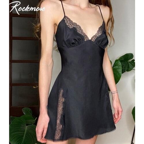Rockmore Lace Sexy Mini Dresses For Women Y2K Aesthetic Hollow Out Low Cut Above Knee Dress Streetwear Sundress Femme Party Club