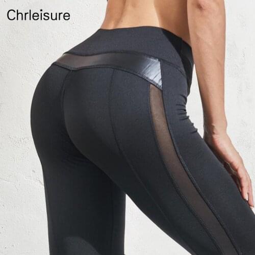 CHRLEISURE High Waist Leggings Women Workout Gym Push Up Sport Running Leggings Mesh And PU Leather Fitness Patchwork Legging