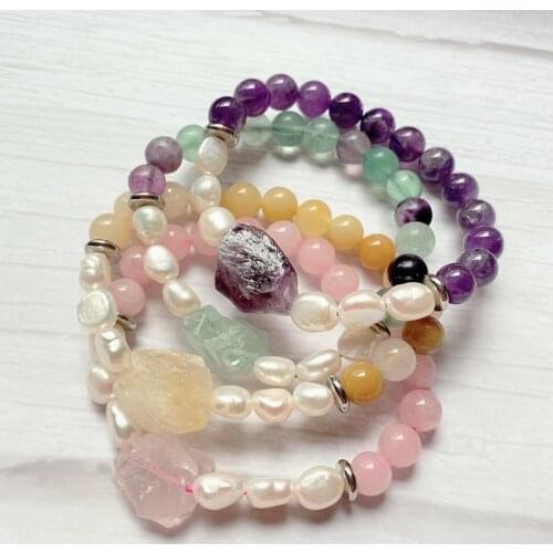 Reiki Healing Rock Crystal Stone Freshwater Pearl Charm Strand Bracelets Natural Amethysts Fluorite Pink Quartz Bracelets Women
