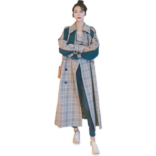 2021 New Spring Autumn Long Plaid Contrast Color Windbreaker Women Mid-length Temperament Over-the-knee Trench Coat 189B