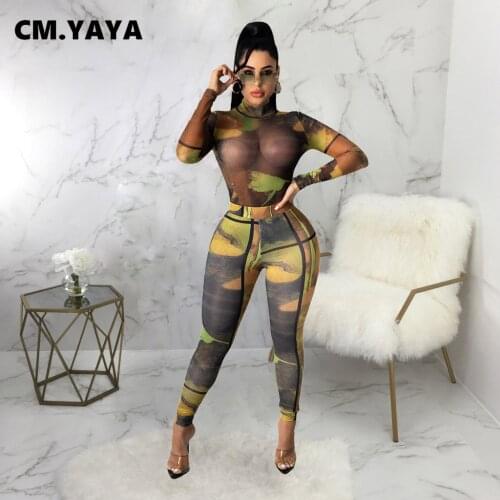 CM.YAYA Women Set Mesh Print Full Sleeve T-shirt Pencil Pants Two 2 Piece Sets Active Tracksuit Fashion Casual Outfits Summer