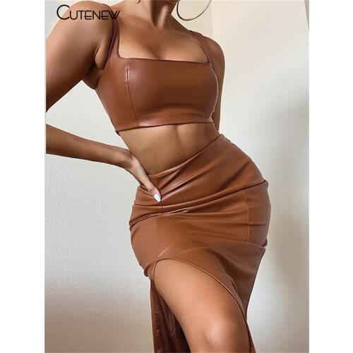 Cutenew Solid PU Leather Two Piece Set Women Outfits Sexy Backless Tank Top+Skinny Side Slit Midi Skirt Matching Lady Streetwear