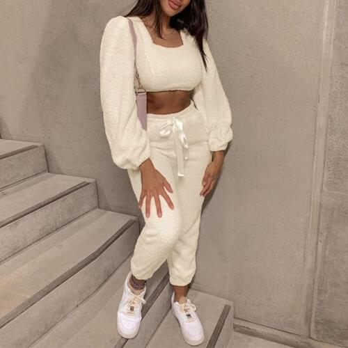 2021 Fashion Women Plush 2 Piece Set Autumn Winter Outfit Casual Suit Tracksuit Long Sleeve Crop Top+Harem Pants Sweatpants
