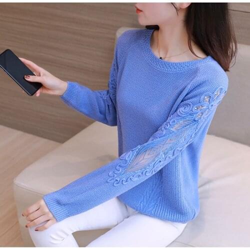 2020 Spring Female Knitted Pullover Sweater O-Neck Long Sleeve Pull Jumper Ladies Thin Lace Pull Tops Women Fashhion Jumper